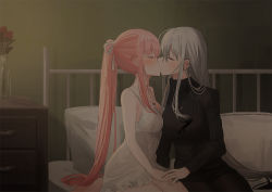 Rule 34 | 2girls, bare arms, bare shoulders, black legwear, black shorts, black sweater, blush, breasts, chihuri, closed eyes, commentary request, dress, facing another, flower, grey hair, hair between eyes, hair ribbon, highres, indoors, jewelry, kiss, pantyhose under shorts, long hair, long sleeves, medium breasts, multiple girls, nightstand, on bed, original, pantyhose, pendant, pillow, pink hair, ponytail, profile, red flower, red rose, ribbed sweater, ribbon, rose, short shorts, shorts, sitting, sleeveless, sleeveless dress, sweater, turtleneck, turtleneck sweater, vase, very long hair, white dress, white ribbon, yana (chihuri), yuri, zoya petrovna vecheslova