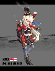 Rule 34 | 1girl, absurdres, acasta (warship girls r), anchor, ascot, belt, black footwear, black hat, black shirt, blue flower, blue ribbon, breasts, character name, coat, cropped jacket, emblem, flower, full body, gauntlets, glasses, grey thighhighs, gun, hair ornament, hat, highres, hms acasta, holding, holding weapon, long hair, long sleeves, looking at viewer, machinery, military, military uniform, military vehicle, official art, photo background, red-framed eyewear, red coat, red skirt, reverse grip, ribbon, rifle, scabbard, sheath, ship, shirt, shoes, sirills, skirt, small breasts, smoke, solo, standing, text focus, thighhighs, torpedo, uniform, union jack, united kingdom, warship, warship girls r, watercraft, weapon, white belt, white ensign, white hair, zettai ryouiki