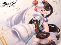 Rule 34 | 10s, 1girl, ass, belt, belt skirt, bikini, bikini top only, bikini under clothes, black hair, blade &amp; soul, boots, breasts, brown eyes, bullet, coat, ecell, eyepatch, fingerless gloves, from behind, gloves, gun, long hair, looking back, miniskirt, mouth hold, multicolored hair, pohwaran, ribbon, sideboob, skirt, solo, split-color hair, swimsuit, thighhighs, twintails, two-tone hair, weapon, white hair