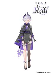 Rule 34 | 1girl, 2022, absurdres, ankle strap, arm at side, black footwear, breasts, brooch, character name, copyright name, copyright notice, cray (vtuber), dress, earrings, full body, garter belt, hair over one eye, highres, horns, jewelry, medium breasts, mole, mole under eye, nkshoujo, official art, one eye covered, open mouth, orange eyes, otochi (otc so), pelvic curtain, pointy ears, second-party source, short hair, simple background, single thighhigh, solo, tail, thigh strap, thighhighs, virtual youtuber, white background