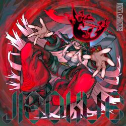 Rule 34 | album cover, angry, black nails, breasts, cleavage, cover, crown, english text, falling, hat, highres, hololive, hololive english, large breasts, looking at viewer, mori calliope, mori calliope (jigoku 6), official art, outstretched hand, pants, pink hair, red eyes, red pants, urana kei, virtual youtuber