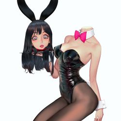 Rule 34 | 1girl, absurdres, animal ears, arm behind back, bare shoulders, black hair, black leotard, blunt bangs, bow, bowtie, breasts, cleavage, covered navel, detached collar, disembodied head, fake animal ears, grey eyes, heart, heart-shaped pupils, highres, hime cut, holding, holding tray, latex, latex leotard, leotard, long hair, looking at viewer, original, pantyhose, pink bow, pink bowtie, pink lips, playboy bunny, rabbit ears, rabbit tail, simple background, solo, strapless, strapless leotard, symbol-shaped pupils, tail, tray, white background, wide-eyed, wonbin lee, wrist cuffs