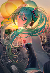 Rule 34 | 1girl, absurdres, aqua hair, bare shoulders, blue eyes, blurry, blurry background, city, cityscape, commentary, detached sleeves, from behind, hair ornament, hatsune miku, headphones, highres, long hair, looking at viewer, looking back, number tattoo, outdoors, parking lot, scenery, senya oekaki, sky, sleeveless, smile, solo, sunset, tattoo, twintails, very long hair, vocaloid