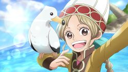 Rule 34 | 1girl, animal on arm, apis (one piece), arm up, artycomicfangirl, bird, bird on arm, blonde hair, braid, braided ponytail, brown eyes, cloud, collared dress, derivative work, dress, eyelashes, hat, highres, long sleeves, looking at viewer, ocean, one piece, open mouth, parted bangs, pink shirt, screencap redraw, seagull, shirt, sky, smile, solo, sun, tree, upper body