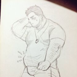 Rule 34 | 1boy, arm hair, bara, beard stubble, blush, bulge, coach, daisukebear, embarrassed, erection, erection under clothes, facial hair, fat, fat man, feet out of frame, from side, graphite (medium), large pectorals, male focus, mature male, muscular, muscular male, notice lines, original, pectorals, photo (medium), scratching head, shirt, short hair, solo, standing, stubble, sweatdrop, t-shirt, thick eyebrows, traditional media, whistle, whistle around neck