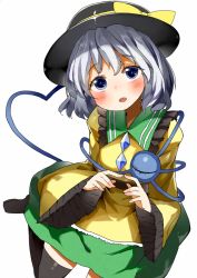 Rule 34 | 1girl, atage, black thighhighs, blue eyes, blush, bow, dress, fidgeting, grey hair, hat, hat bow, heart, heart of string, index fingers together, komeiji koishi, looking at viewer, open mouth, shoes, short hair, simple background, skirt, solo, thighhighs, touhou, white background