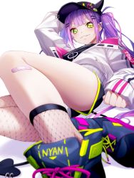 Rule 34 | 1girl, bandaid, bandaid on knee, bandaid on leg, boots, fenrir (fenlil0316), green eyes, hair ornament, hairclip, hat, highres, hip focus, hololive, jacket, looking at viewer, lying, purple hair, shorts, simple background, solo, thighs, tokoyami towa, twintails, virtual youtuber, white background