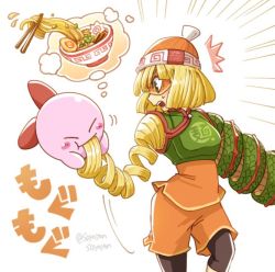 Rule 34 | 1girl, arms (game), beanie, blonde hair, blush, blush stickers, bowl, eating, food, hat, kirby, kirby (series), looking at another, mask, min min (arms), nintendo, noodles, open mouth, ramen, sayoyonsayoyo, short hair, shorts, super smash bros., surprised, sweatdrop, thought bubble