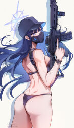 Rule 34 | 1girl, alternate costume, artist name, ass, assault rifle, bare shoulders, baseball cap, bikini, black hat, blue archive, blue bikini, blue eyes, blue hair, breasts, butt crack, dark blue hair, dimples of venus, foxyreine, from side, grey background, gun, halo, hat, highres, holding, holding gun, holding weapon, looking at viewer, looking to the side, mask, medium breasts, mouth mask, patreon logo, patreon username, rifle, saori (blue archive), shadow, sig 516, sig sauer, simple background, solo, standing, swimsuit, thong bikini, trigger discipline, watch, weapon, wristwatch