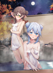 Rule 34 | 2girls, barefoot, blue eyes, blue hair, breasts, brown hair, closed mouth, collarbone, commentary request, covered navel, covering privates, double bun, fence, full moon, green eyes, hair between eyes, hair bun, hair ornament, hairclip, long hair, looking at viewer, medium breasts, moon, multiple girls, night, night sky, nude cover, onsen, original, outdoors, sky, small breasts, star (sky), starry sky, tokuno yuika, wet