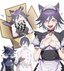 Rule 34 | 2boys, absurdres, ahoge, alternate costume, animal ears, apron, black hair, box, buttons, cardboard box, cat boy, cat ears, cat tail, checkered clothes, checkered scarf, commentary, crazy eyes, crossdressing, crying, danganronpa (series), danganronpa v3: killing harmony, double-breasted, dress, enmaided, evil grin, evil smile, grin, hair between eyes, heart, highres, jacket, kyandii, long sleeves, looking at viewer, maid, maid apron, maid headdress, male focus, multiple boys, open mouth, oma kokichi, puffy short sleeves, puffy sleeves, purple eyes, purple hair, saihara shuichi, scarf, short sleeves, simple background, sketch, smile, tail, tears, teeth, trap, white apron, white background, white jacket