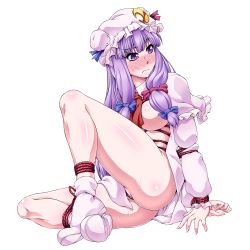 Rule 34 | 1girl, bare legs, bdsm, blue bow, blush, bondage, bound, bound arms, bound legs, bound wrists, bow, breasts, crescent, crescent hair ornament, embarrassed, full body, hair bow, hair ornament, hat, large breasts, long hair, long sleeves, mob cap, no bra, no panties, ootsuki wataru, partially visible vulva, patchouli knowledge, purple eyes, purple hair, red bow, shibari, shoes, sitting, solo, sweat, touhou, transparent background