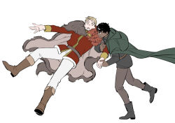 Rule 34 | 2boys, arm grab, black hair, blonde hair, boots, brown footwear, cape, catching, cloak, commentary, daki info, dark-skinned male, dark skin, dungeon meshi, falling, full body, fur cape, green cloak, hands up, kabru, laios touden, long sleeves, looking at another, male focus, multiple boys, open mouth, pants, pelt, short hair, simple background, standing, symbol-only commentary, very short hair, white background, white pants, yellow eyes
