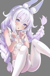 Rule 34 | 1girl, absurdres, animal ear fluff, animal ears, ass, azur lane, blue eyes, braid, breasts, clenched hands, crotchless, crotchless pantyhose, fake animal ears, grey background, highres, knees up, le malin (azur lane), le malin (listless lapin) (azur lane), legs, leotard, long braid, long hair, misashi (raichi821), open mouth, pantyhose, playboy bunny, rabbit ears, silver hair, simple background, sitting, small breasts, solo, thighs, twin braids, twintails, very long hair, white leotard, white pantyhose, wrist cuffs