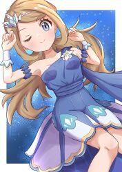 Rule 34 | 1girl, absurdres, bare shoulders, blonde hair, blue dress, blush, breasts, creatures (company), dress, game freak, grey eyes, hair ornament, highres, long hair, looking at viewer, lying, nintendo, one eye closed, pokemon, pokemon masters ex, rono (lethys), serena (pokemon), sleeveless, sleeveless dress, small breasts, smile, solo