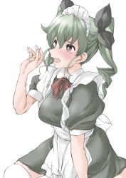 Rule 34 | 1girl, alternate costume, anchovy (girls und panzer), apron, black bow, blush, bow, bowtie, breasts, drill hair, elf (stroll in the woods), enmaided, from side, girls und panzer, green hair, hair between eyes, hair bow, highres, maid, maid apron, maid headdress, medium breasts, open mouth, red bow, red eyes, simple background, sitting, solo, thighhighs, twin drills, wariza, white background, white thighhighs