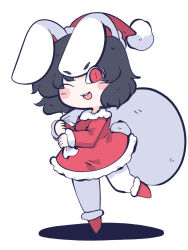 Rule 34 | 1girl, ;d, animal ears, black hair, chahan (fried rice0614), dress, fur trim, hat, highres, inaba tewi, looking at viewer, one-hour drawing challenge, one eye closed, open mouth, rabbit ears, rabbit girl, rabbit tail, red dress, red eyes, red footwear, red hat, santa costume, santa hat, short hair, simple background, smile, solo, standing, standing on one leg, tail, touhou, white background