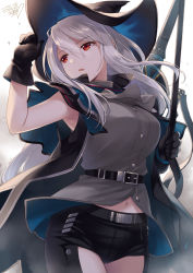 Rule 34 | arknights, ascot, belt, belt buckle, black hat, black pants, black vest, breasts, buckle, clothing cutout, cowboy shot, grey ascot, grey hair, grey shirt, hat, holding, holding sword, holding weapon, large breasts, long hair, looking away, looking to the side, navel, open clothes, open mouth, open vest, pants, red eyes, saeki hokuto, shirt, signature, simple background, skadi (arknights), sword, thigh cutout, very long hair, vest, weapon, white background