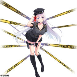 Rule 34 | 1girl, black skirt, blue eyes, breasts, caution tape, earrings, hat, jewelry, large breasts, long hair, looking at viewer, miniskirt, non-web source, official art, police, police hat, police uniform, policewoman, riselia ray crystalia, seiken gakuin no maken tsukai, skirt, uniform, white hair
