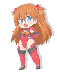 Rule 34 | 1girl, absurdres, adapted costume, artist request, big hair, blue eyes, blush, breasts, brown hair, cameltoe, chibi, curvy, gloves, hand on own hip, hands on own hips, highleg, highleg leotard, highres, leotard, long hair, looking at viewer, neon genesis evangelion, partially visible vulva, plugsuit, red leotard, shiny clothes, shiny skin, simple background, solo, souryuu asuka langley, standing, thong leotard, tsundere, twintails
