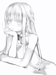 Rule 34 | 1girl, arm support, bad id, bad pixiv id, bare shoulders, dress, greyscale, head rest, highres, long hair, looking at viewer, marshmallow-chan (nanashi), monochrome, nanashi (nlo), original, parted lips, simple background, solo, white background