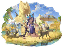 Rule 34 | 1girl, ancient egypt, animal ear fluff, animal ears, anklet, barefoot, bastet (clover theater), beach umbrella, black cat, blue flower, blue one-piece swimsuit, blue sky, bottle, bracelet, braid, breasts, cat, cat ears, cat girl, cat tail, choker, cloud, clover theater, commentary request, crescent, dark-skinned female, dark skin, day, egypt, facing viewer, flower, full body, grass, great pyramid of giza, green eyes, hair between eyes, hair flower, hair ornament, holding, holding bottle, jewelry, light rays, long hair, looking at viewer, nail polish, observerz, official art, one-piece swimsuit, outdoors, palm tree, purple hair, pyramid, pyramid (structure), sarcophagus, sitting, sky, small breasts, solo, sphinx, sphinx of giza, sunbeam, sunlight, swimsuit, tail, toenail polish, toenails, tree, twin braids, twintails, umbrella, v, very long hair, wariza, yellow choker