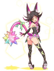 Rule 34 | 1girl, animal ears, ass, bare shoulders, black hair, boots, bow, cat ears, come hither, cougar (cougar1404), cutcat, dress, elbow gloves, from behind, gloves, green eyes, long hair, looking back, looking down, multicolored hair, open mouth, pink hair, shiny clothes, shiny skin, short dress, smile, solo, tail, tail bow, tail ornament, thigh boots, two-tone hair, wedgie