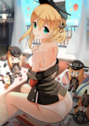 Rule 34 | 10s, 1girl, aqua eyes, ass, bismarck (kancolle), blonde hair, blue eyes, bra, character doll, highres, kantai collection, looking at viewer, looking back, onasuba, open mouth, panties, prinz eugen (kancolle), short hair, sitting, solo, solo focus, thighs, underwear, undressing, white bra, white panties