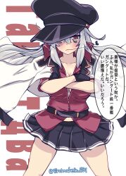 Rule 34 | 1girl, absurdres, bare legs, belt, black belt, black gloves, black skirt, brown eyes, character name, cowboy shot, cyrillic, facial scar, gangut (kancolle), gangut dva (kancolle), gloves, grey hair, gunbuster pose, hat, highres, jacket, jacket on shoulders, kantai collection, kitahama (siroimakeinu831), long hair, looking at viewer, military jacket, mouth hold, one-hour drawing challenge, peaked cap, red shirt, russian text, scar, scar on cheek, scar on face, shirt, short sleeves, skirt, solo, stalk in mouth, twitter username, white background, white jacket