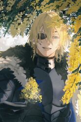 Rule 34 | 1boy, armor, blonde hair, blue eyes, branch, breastplate, cape, dimitri alexandre blaiddyd, eyepatch, fire emblem, fire emblem: three houses, flower, fur cape, gauntlets, highres, holding, holding flower, looking at viewer, male focus, medium hair, nintendo, one eye covered, osaki iyo, parted lips, plant, smile, solo, upper body, yellow flower