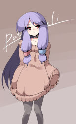 Rule 34 | 1girl, :&lt;, breasts, character name, choker, cleavage, contemporary, dress, female focus, frown, hair ribbon, kotepo, long hair, pantyhose, patchouli knowledge, purple hair, red eyes, ribbon, simple background, sleeves past wrists, solo, sweater, sweater dress, touhou, very long hair