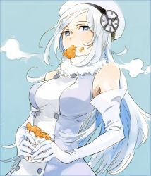 Rule 34 | 10s, 1girl, aila jyrkiainen, bad id, bad pixiv id, bare shoulders, beret, eating, elbow gloves, food, food on face, gloves, gundam, gundam build fighters, hat, kamimon, long hair, grey eyes, silver hair, solo, white gloves
