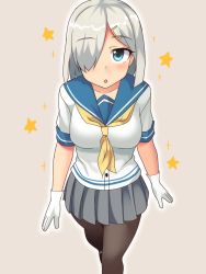 Rule 34 | 10s, 1girl, bad id, bad pixiv id, black pantyhose, blouse, blue eyes, breasts, from above, gloves, hair ornament, hair over one eye, hairclip, hamakaze (kancolle), kantai collection, looking up, neckerchief, neri sachiko, pantyhose, pleated skirt, school uniform, serafuku, shirt, short hair, silver hair, skirt, solo, white gloves, yellow neckerchief