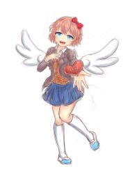 Rule 34 | 1girl, :d, blue eyes, blue skirt, bow, breasts, doki doki literature club, english text, eyelashes, gift, grey jacket, hair between eyes, hair bow, hand on own chest, head tilt, heart, highres, holding, holding gift, jacket, kneehighs, leg up, legs, lkityan02, medium breasts, neck ribbon, open clothes, open hand, open jacket, open mouth, orange vest, outstretched arm, pink hair, pleated skirt, red bow, red ribbon, ribbon, sayori (doki doki literature club), school uniform, shoes, short hair, signature, sketch, skirt, smile, socks, solo, standing, teeth, thighs, upper teeth only, valentine, vest, white background, white socks, white wings, wings