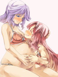 Rule 34 | 2girls, blue eyes, blush, bra, closed eyes, hand on another&#039;s stomach, hand on own stomach, hong meiling, izayoi sakuya, long hair, looking at another, multiple girls, muscular, muscular female, pregnant, red hair, short hair, silver hair, smile, touhou, underwear, yohane, yuri