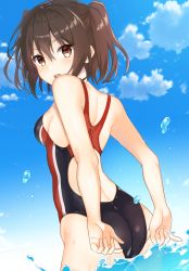 Rule 34 | 1girl, adjusting clothes, adjusting swimsuit, ass, bare arms, bare shoulders, black one-piece swimsuit, blue sky, breasts, brown eyes, brown hair, cloud, commentary request, competition swimsuit, cowboy shot, day, from behind, highres, kantai collection, looking at viewer, looking back, multicolored clothes, multicolored swimsuit, one-piece swimsuit, open mouth, outdoors, sendai (kancolle), sky, small breasts, solo, standing, swimsuit, teeth, two side up, upper teeth only, wading, yuzuttan