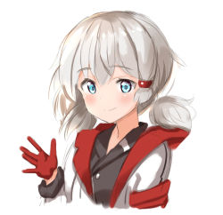 Rule 34 | 1girl, ame., azur lane, black shirt, blue eyes, blush, closed mouth, commentary request, denver (azur lane), gloves, grey hair, hair between eyes, hand up, jacket, long hair, long sleeves, low twintails, red gloves, shirt, sidelocks, simple background, sketch, smile, solo, twintails, white background, white jacket