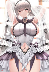 Rule 34 | 1girl, armpits, arms behind head, arms up, azur lane, backlighting, breasts, cyicheng, dress, formidable (azur lane), formidable (timeless classics) (azur lane), frills, grey hair, large breasts, long hair, looking at viewer, navel, official alternate costume, red eyes, sideboob, solo, thighs, twintails, veil, very long hair, white dress