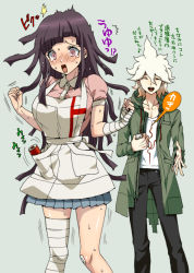 Rule 34 | 1boy, 1girl, :d, apron, bandaged leg, bandages, bandaid, bandaid on knee, bandaid on leg, black pants, blue skirt, breasts, collarbone, danganronpa (series), danganronpa 2: goodbye despair, dosugon, feet out of frame, grey background, jacket, komaeda nagito, large breasts, long sleeves, open clothes, open jacket, open mouth, pants, pink shirt, pleated skirt, puffy short sleeves, puffy sleeves, sex toy, shirt, short sleeves, simple background, skirt, smile, speech bubble, standing, teeth, tongue, tongue out, translation request, tsumiki mikan, upper teeth only, vibrator