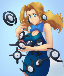 Rule 34 | 1girl, blonde hair, blue background, blue dress, blue eyes, blush, bow, bowtie, breasts, cleavage, creatures (company), deep skin, dress, dropping, earrings, game freak, gen 2 pokemon, greenmarine, highres, jewelry, large breasts, lips, long hair, looking at another, meme, molly hale, nintendo, pokemon, pokemon (classic anime), pokemon (creature), pokemon 3: the movie - spell of the unown: entei, simple background, sleeveless, unown, unown !, unown (other), unown h, unown t, unown w, unown x, unown y, unown z