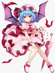Rule 34 | 1girl, ascot, bat wings, blue hair, blush, closed mouth, commentary, dress, frilled dress, frilled shirt collar, frilled sleeves, frills, full body, hair between eyes, hand up, hat, hat ribbon, highres, mob cap, petals, pink dress, pink footwear, pink hat, puffy short sleeves, puffy sleeves, purple wings, red ascot, red eyes, red ribbon, remilia scarlet, ribbon, rose petals, ruhika, shoes, short hair, short sleeves, simple background, smile, solo, touhou, twitter username, umbrella, white background, wings, wrist cuffs