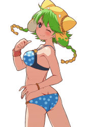 Rule 34 | 1girl, ;), absurdres, animal ears, animal hat, ass, atelier (series), atelier shallie, bare shoulders, bikini, blue bikini, blue eyes, blush, breasts, closed mouth, fake animal ears, green hair, hand up, hat, highres, long hair, looking at viewer, looking back, medium breasts, nyama, one eye closed, pointing, pointing at self, polka dot, polka dot bikini, shallotte elminus, simple background, smile, solo, star (symbol), swimsuit, white background, yellow hat