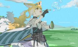 Rule 34 | 1girl, absurdres, animal ear fluff, animal ears, arknights, bare shoulders, black gloves, blonde hair, blue hairband, blue sky, bottle, braid, braided hair rings, blowing bubbles, bubble pipe, clothing cutout, cottone (highjethoo), dress, earpiece, fox ears, fox girl, fox tail, frilled sleeves, frills, gloves, hair rings, hairband, hands up, highres, holding, holding bottle, kitsune, kyuubi, material growth, multicolored hair, multiple tails, open mouth, oripathy lesion (arknights), outdoors, purple dress, short sleeves, shoulder cutout, single glove, sky, soap bubbles, solo, standing, suzuran (arknights), tail, twin braids, two-tone hair, white hair, yellow eyes