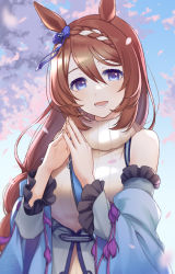 Rule 34 | 1girl, :d, animal ears, bare shoulders, blue eyes, bow, braid, breasts, brown hair, colored eyelashes, commentary request, day, detached sleeves, hair between eyes, hair bow, horse ears, long hair, long sleeves, looking at viewer, medium breasts, open mouth, outdoors, own hands together, petals, purple bow, smile, solo, spring (season), super creek (umamusume), sweater, tassel, tobade (tbdfactory), turtleneck, turtleneck sweater, umamusume, upper body, very long hair, white sweater, wide sleeves