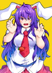 Rule 34 | 1girl, :d, absurdres, animal ears, blue hair, blue sash, blush, breasts, carrot, claw pose, commentary request, cowboy shot, gradient hair, hands up, highres, ishimu, large breasts, long hair, looking at viewer, multicolored hair, necktie, open mouth, pink eyes, pink skirt, puffy short sleeves, puffy sleeves, purple hair, rabbit ears, red necktie, reisen udongein inaba, sash, shirt, short sleeves, simple background, skirt, smile, solo, touhou, very long hair, white shirt, yellow background