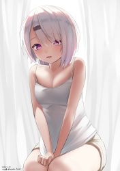 Rule 34 | 1girl, backlighting, bare arms, bare shoulders, blush, breasts, camisole, cleavage, collarbone, commentary request, covering privates, covering crotch, curtains, dated, eyes visible through hair, grey shorts, hair ornament, hair over one eye, hairclip, highres, hirota fruit, long hair, looking at viewer, medium breasts, nijisanji, open mouth, purple eyes, seiza, shiina yuika, short shorts, shorts, silver hair, sitting, solo, twitter username, virtual youtuber, white camisole