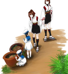 Rule 34 | 4girls, bad id, bad twitter id, black hair, brown hair, daitou (kancolle), dress, grass, hat, hiburi (kancolle), hyuuga (kancolle), ise (kancolle), kantai collection, long sleeves, multiple girls, no mouth, nontraditional miko, okobo, open mouth, plant, ponytail, pot, potted plant, ribbon-trimmed sleeves, ribbon trim, sailor collar, sailor dress, sandals, short sleeves, skirt, squatting, standing, sweat, tsukatsuka, wide sleeves