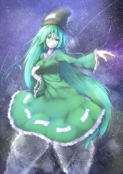 Rule 34 | 1girl, absurdres, alternate hair length, alternate hairstyle, bad id, bad pixiv id, breasts, collarbone, dress, frilled dress, frills, ghost tail, green dress, green eyes, green hair, hand on own chest, hat, highres, large breasts, long hair, long sleeves, looking at viewer, matching hair/eyes, outstretched arm, short hair, skirt, soga no tojiko, solo, tate eboshi, touhou, very long hair, yuxyon