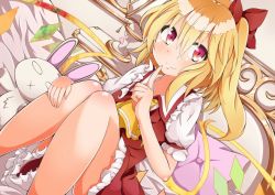Rule 34 | 1girl, ascot, bare legs, bed, blonde hair, blush, bow, female focus, finger to mouth, flandre scarlet, hair bow, kan lee, knees together feet apart, knees together feet apart, lamp, no headwear, no headwear, pillow, red eyes, short hair, side ponytail, skirt, skirt set, smile, solo, stuffed animal, stuffed rabbit, stuffed toy, touhou, wings
