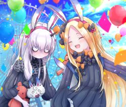 Rule 34 | 2girls, abigail williams (fate), animal ears, bags under eyes, balloon, black bow, black dress, blonde hair, blue sky, blush, bow, breasts, closed eyes, closed mouth, commentary request, confetti, day, dress, fate/grand order, fate (series), ferris wheel, forehead, hair bow, highres, horns, lavinia whateley (fate), long hair, multiple girls, multiple hair bows, open mouth, orange bow, pale skin, parted bangs, polka dot, polka dot bow, rabbit ears, ribbed dress, single horn, sky, sleeves past fingers, sleeves past wrists, small breasts, smile, stuffed animal, stuffed toy, teddy bear, touko 56, wide-eyed